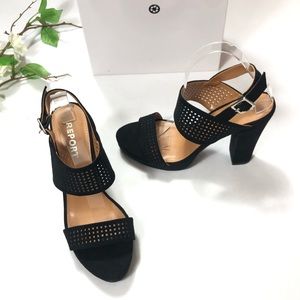 Report Black Perforated Block Heel Sandals